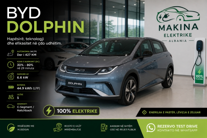 BYD DOLPHIN, makinë elektrike kompakte me hapësirë më të madhe dhe komfort më të lartë, ideale për përdorim të përditshëm në qytet, udhëtime më të gjata, familje, taxi ose biznes.